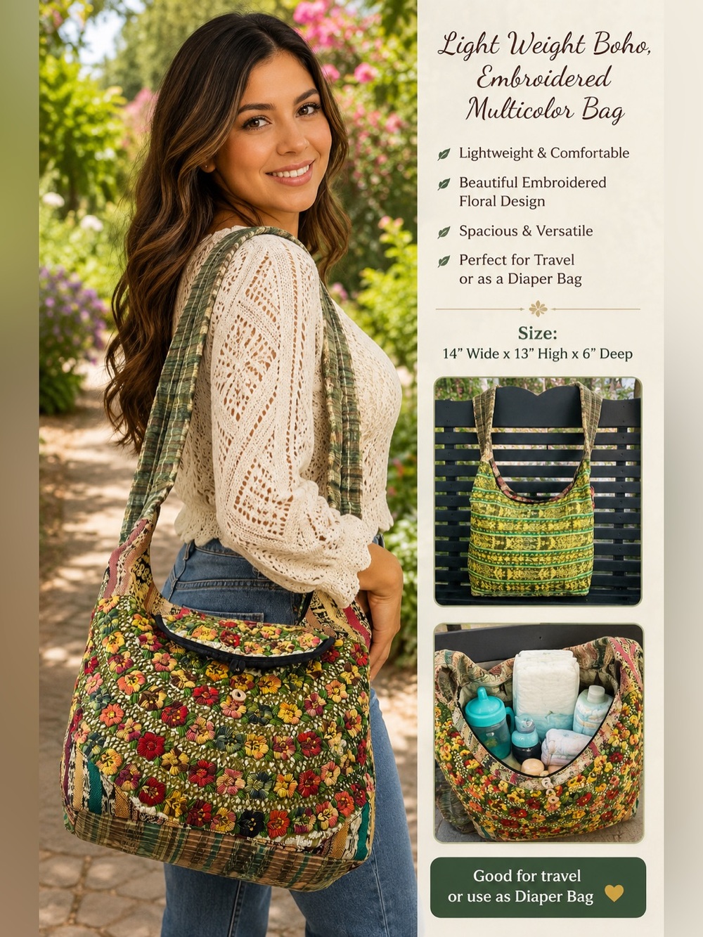 Boho Embroidered Floral Tote Bag - Green Multicolor